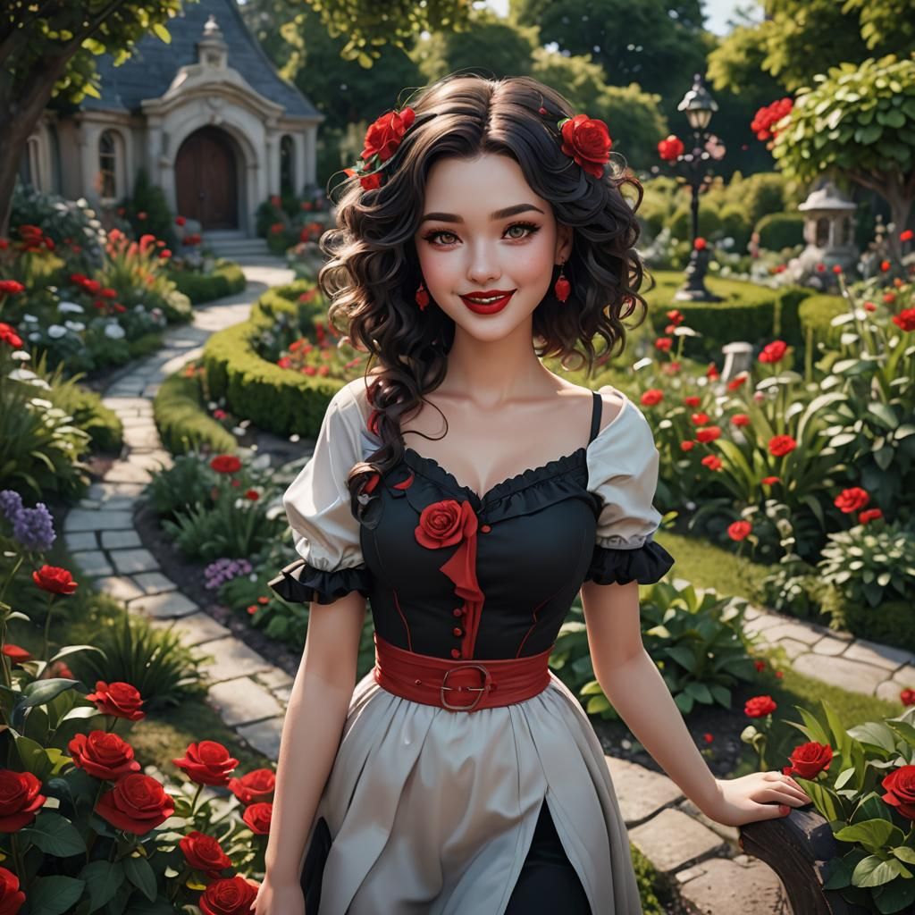 Beautiful Woman in Red and Black Dress in Garden