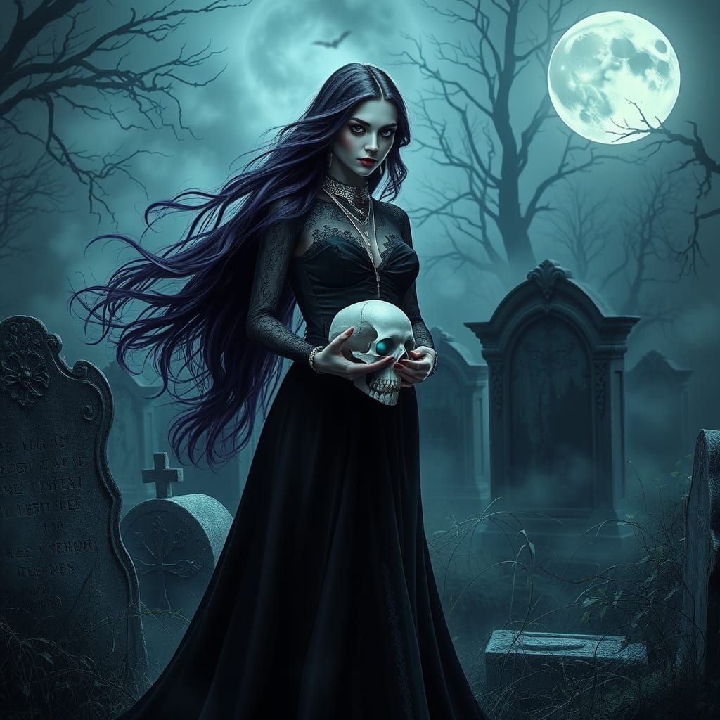 Gothic Woman in Graveyard, Surrealist Horror Art