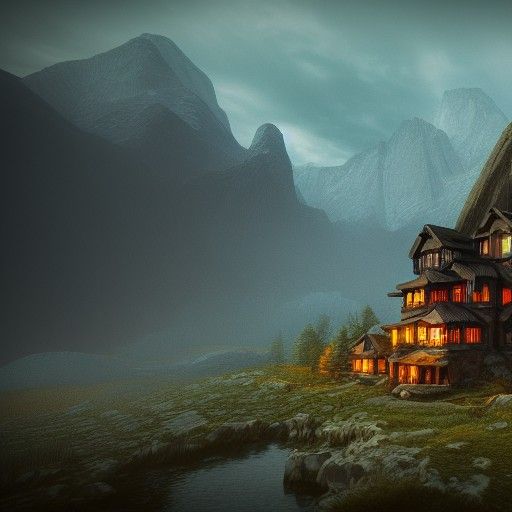 Misty Mountain Landscape in Gothic Art Style