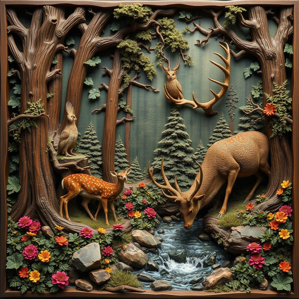 Detailed Wood Relief Carving of Forest with Animals
