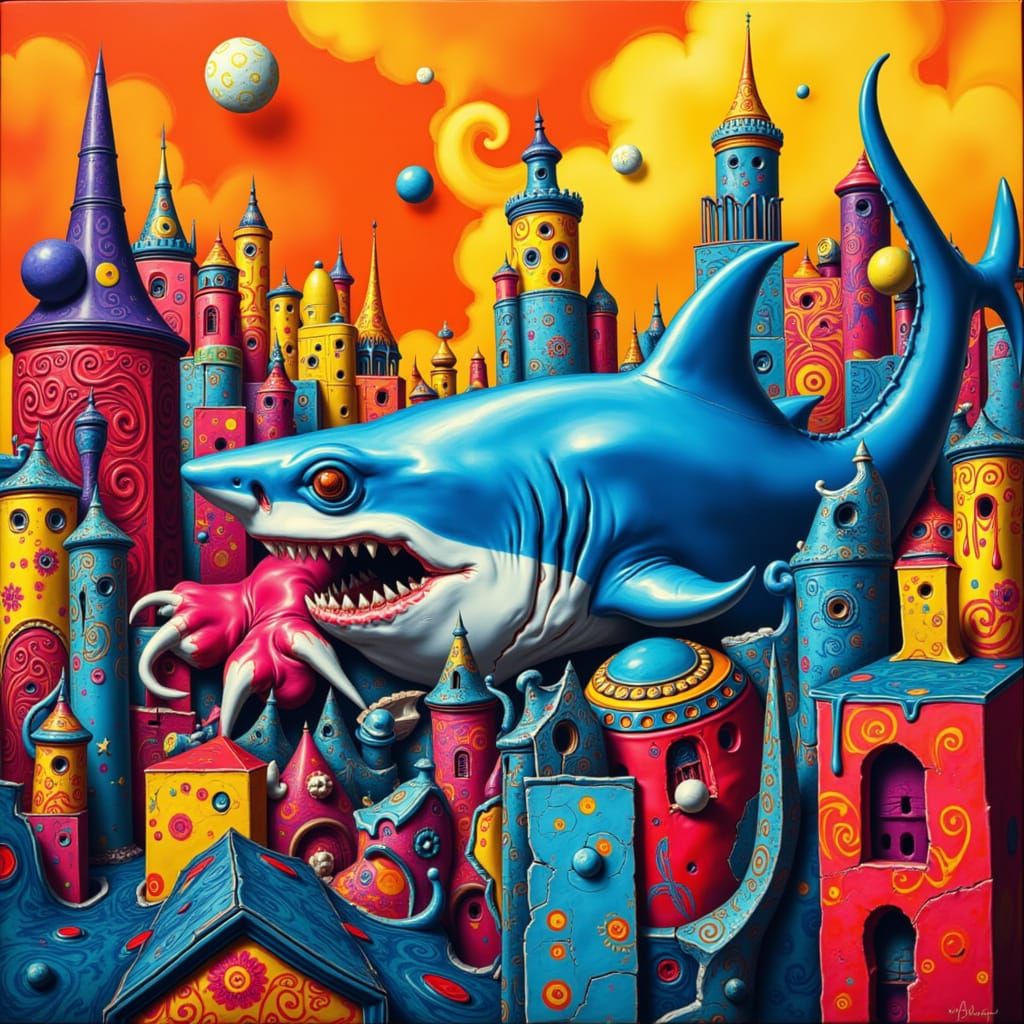 Pop Art Shark Swims Through Abstract Cityscape