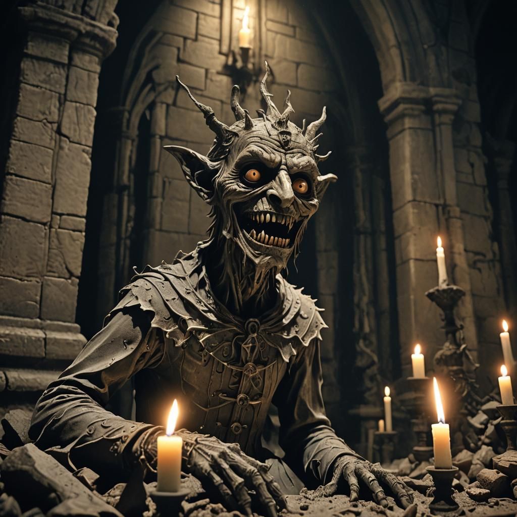 Grotesque Creature in Abandoned Church, Doré-Inspired Clay A...