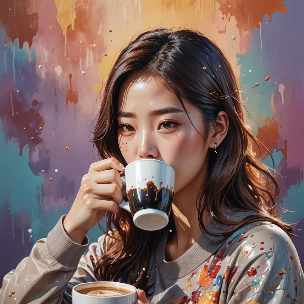 Hyperrealistic Korean Girl Drinking Coffee Portrait