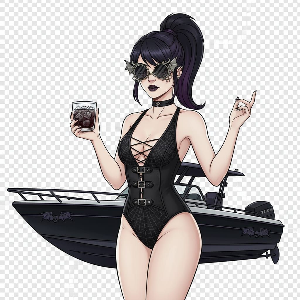 Goth Woman on Boat, Smooth Vector Art Style