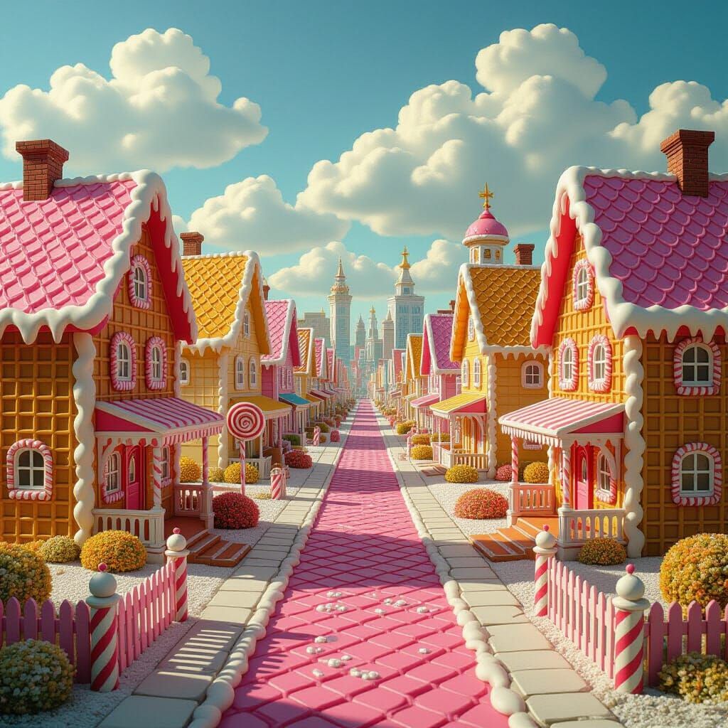Deserted Candy Cityscape with Waffle Walls and Chocolate Roo...