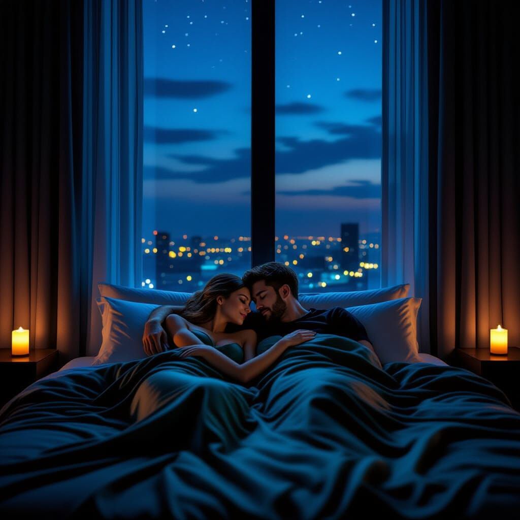 Couple's Intimate Moment in Moody Luxury Hotel Room