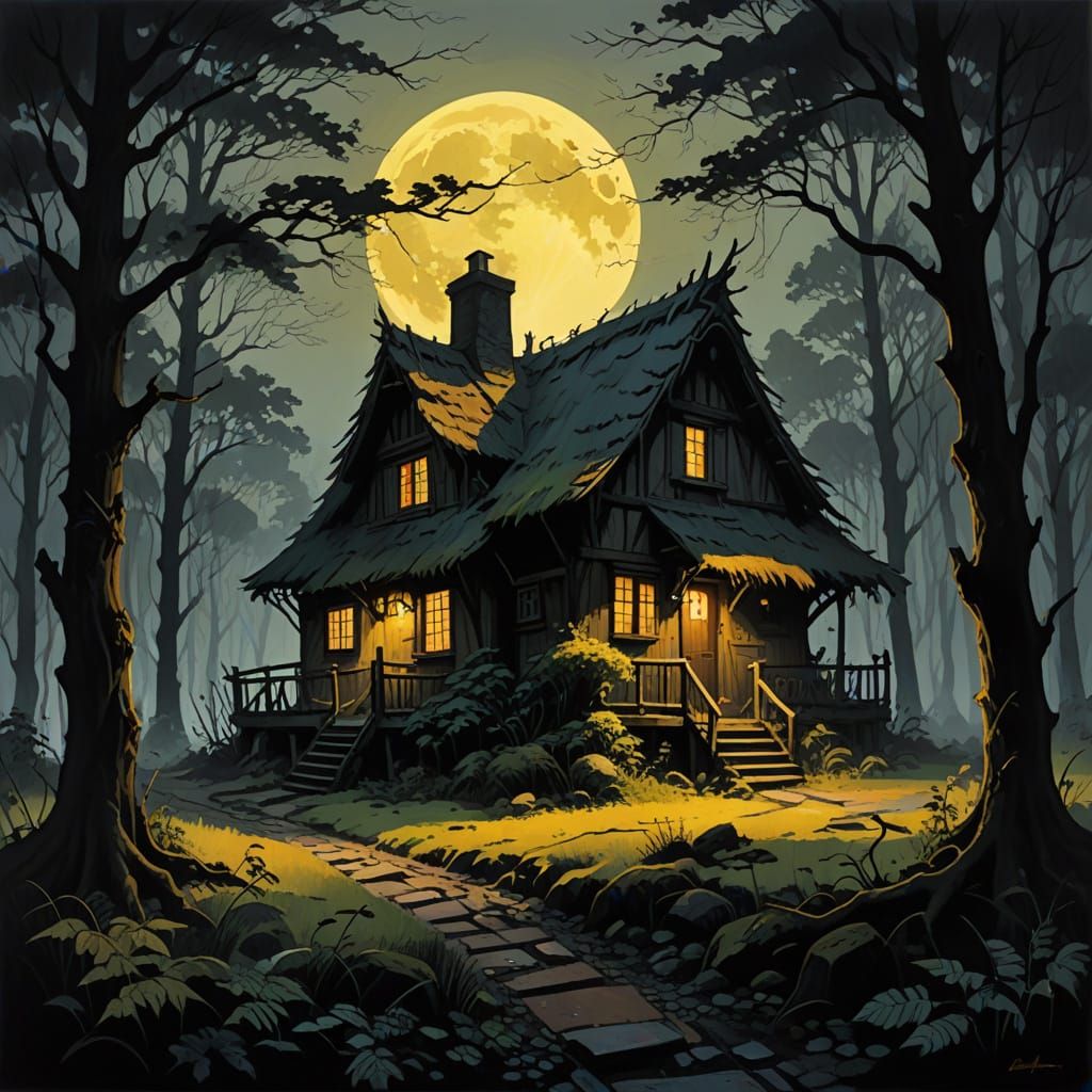 Haunted Cottage Under a Sickly Yellow Moon
