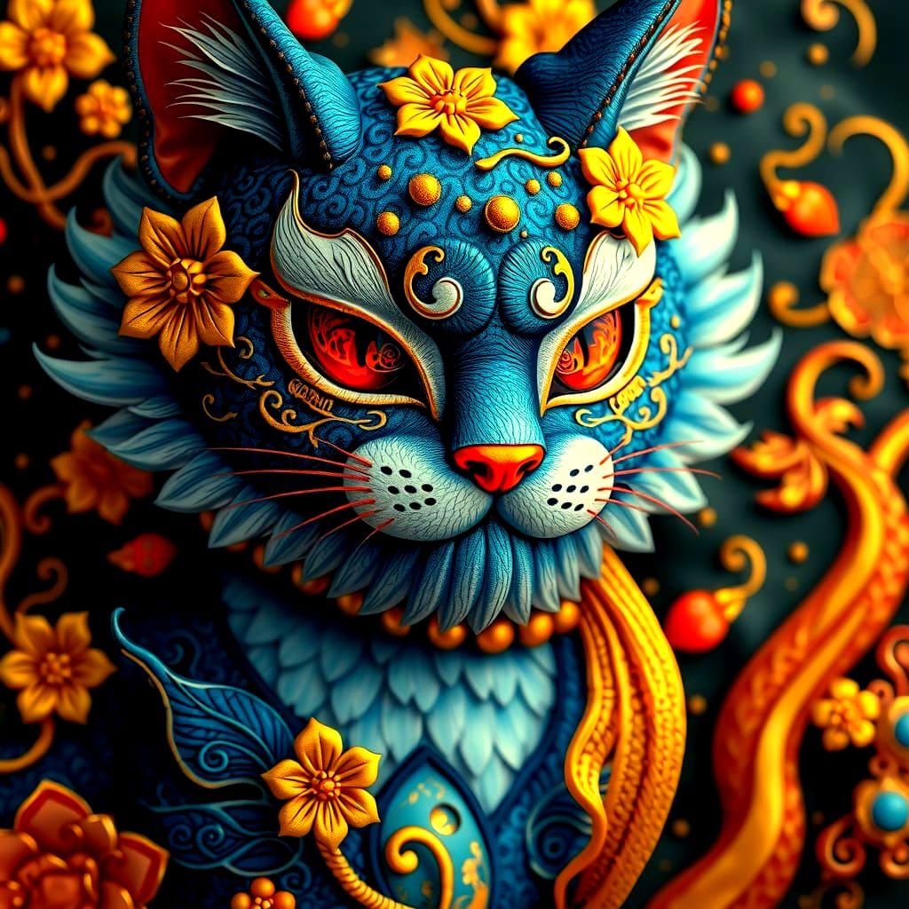 Mythical Blue Cat in Japanese Art Style