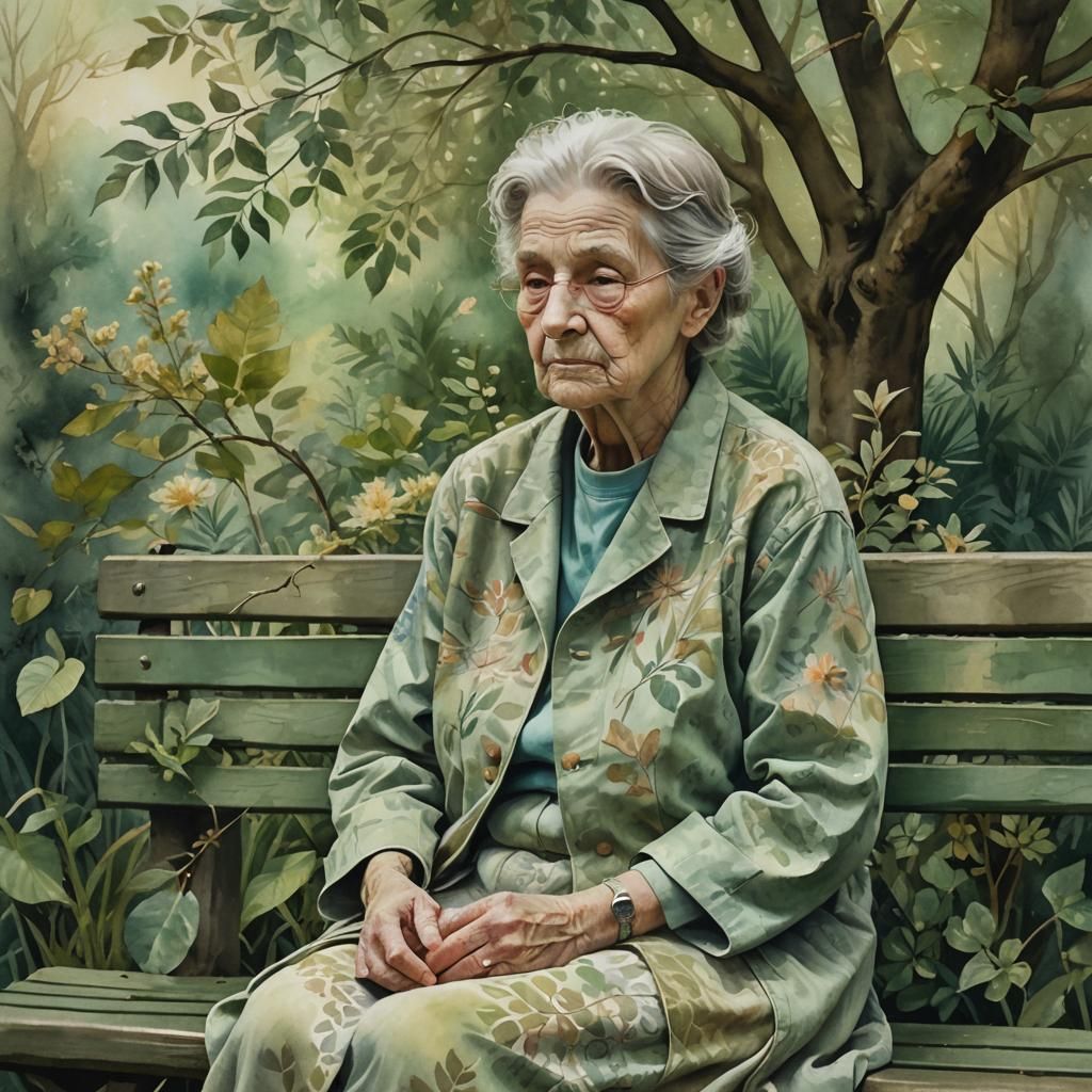 Elderly Woman Philosophizing in Surreal Watercolor Style
