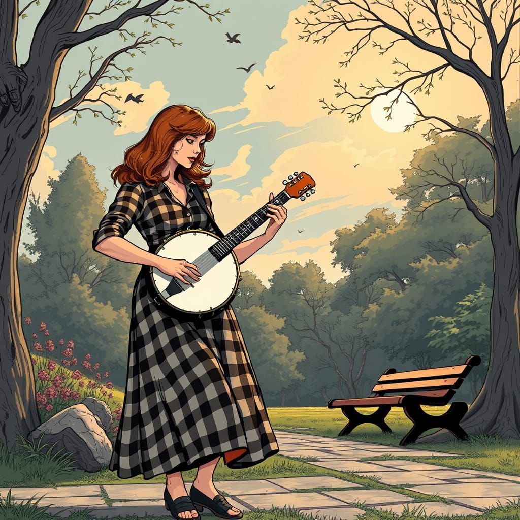 Woman Plays Banjo in Park, Comic Book Art