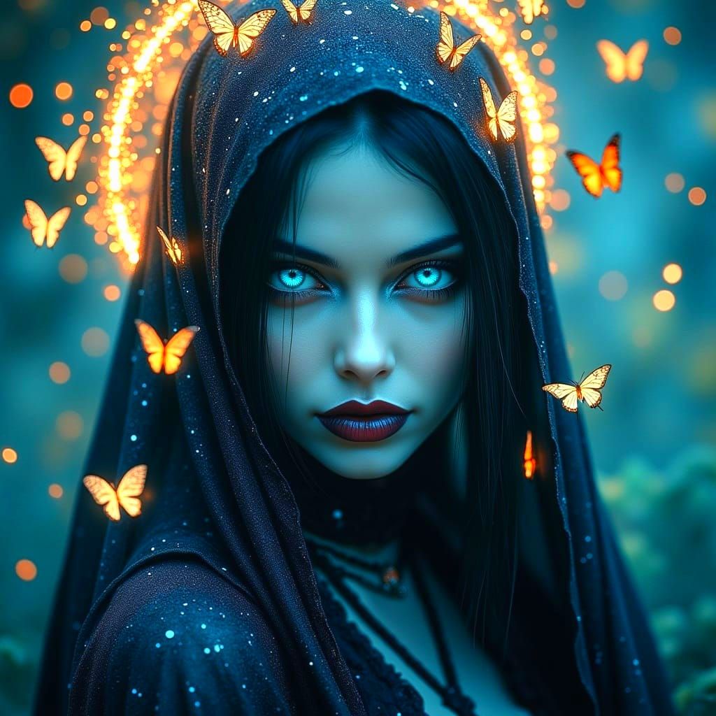 Ethereal Woman Portrait with Butterflies in Moonlight