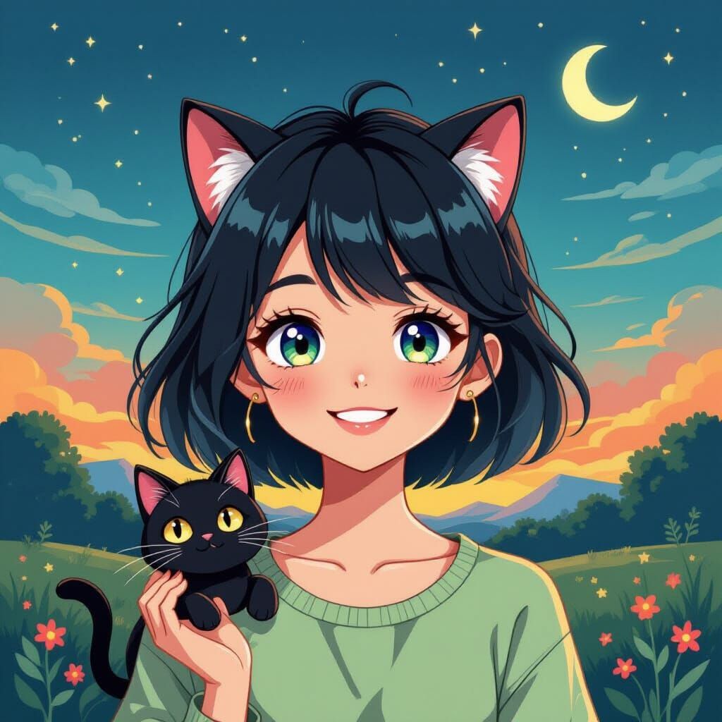 Anime Girl & Cat in Mystical Night Landscape