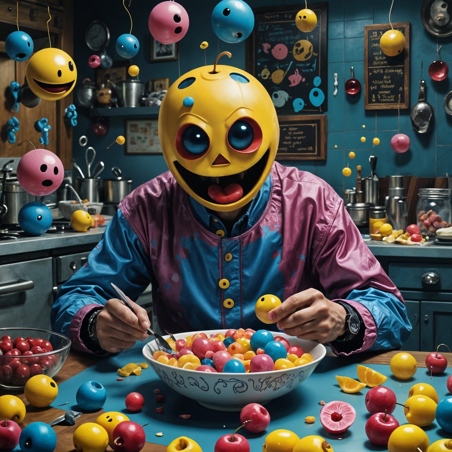 Pac-Man Headed Man Eats Ghosts, Detailed Matte Painting