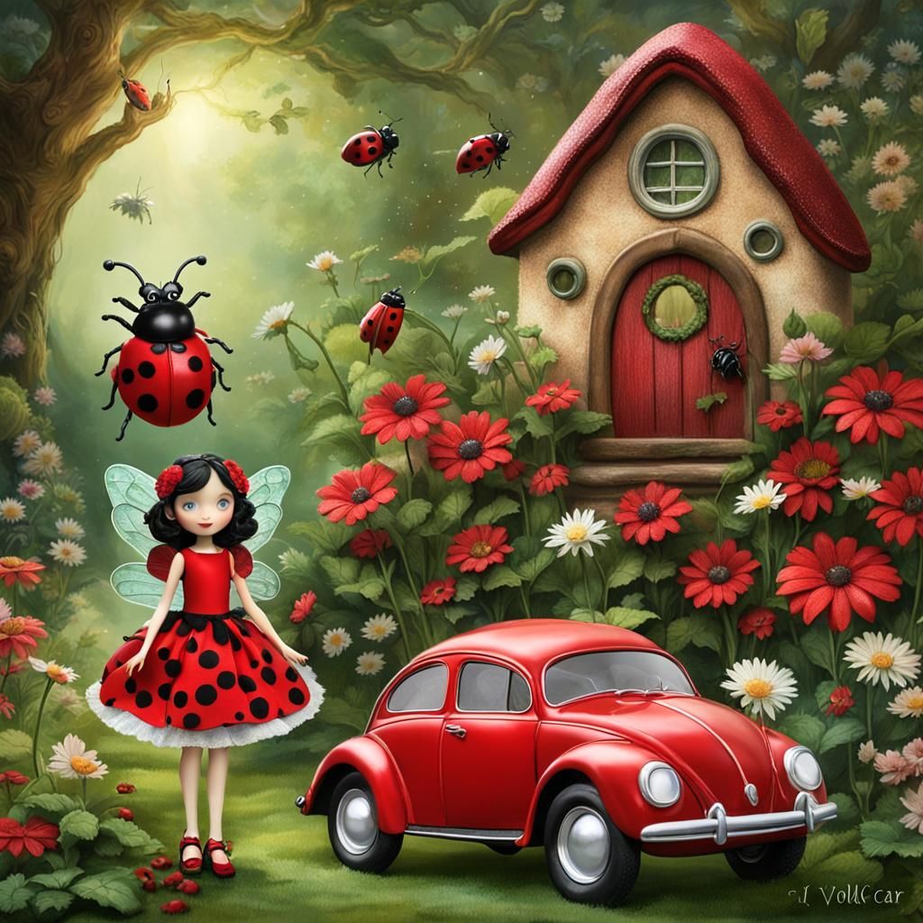 Ladybug Fairy in Magical Garden with Vintage Car
