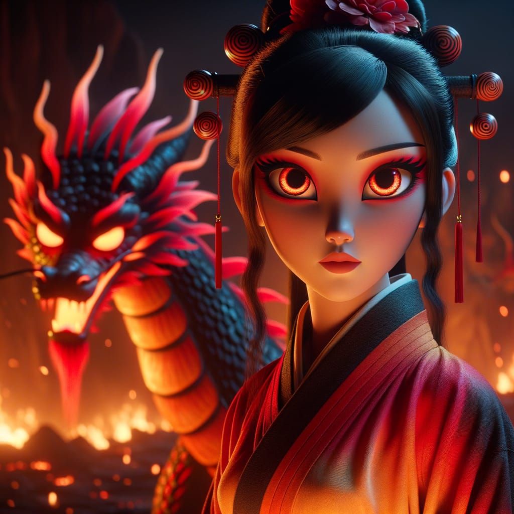 Chinese Woman with Dragon in Classic Animation Style