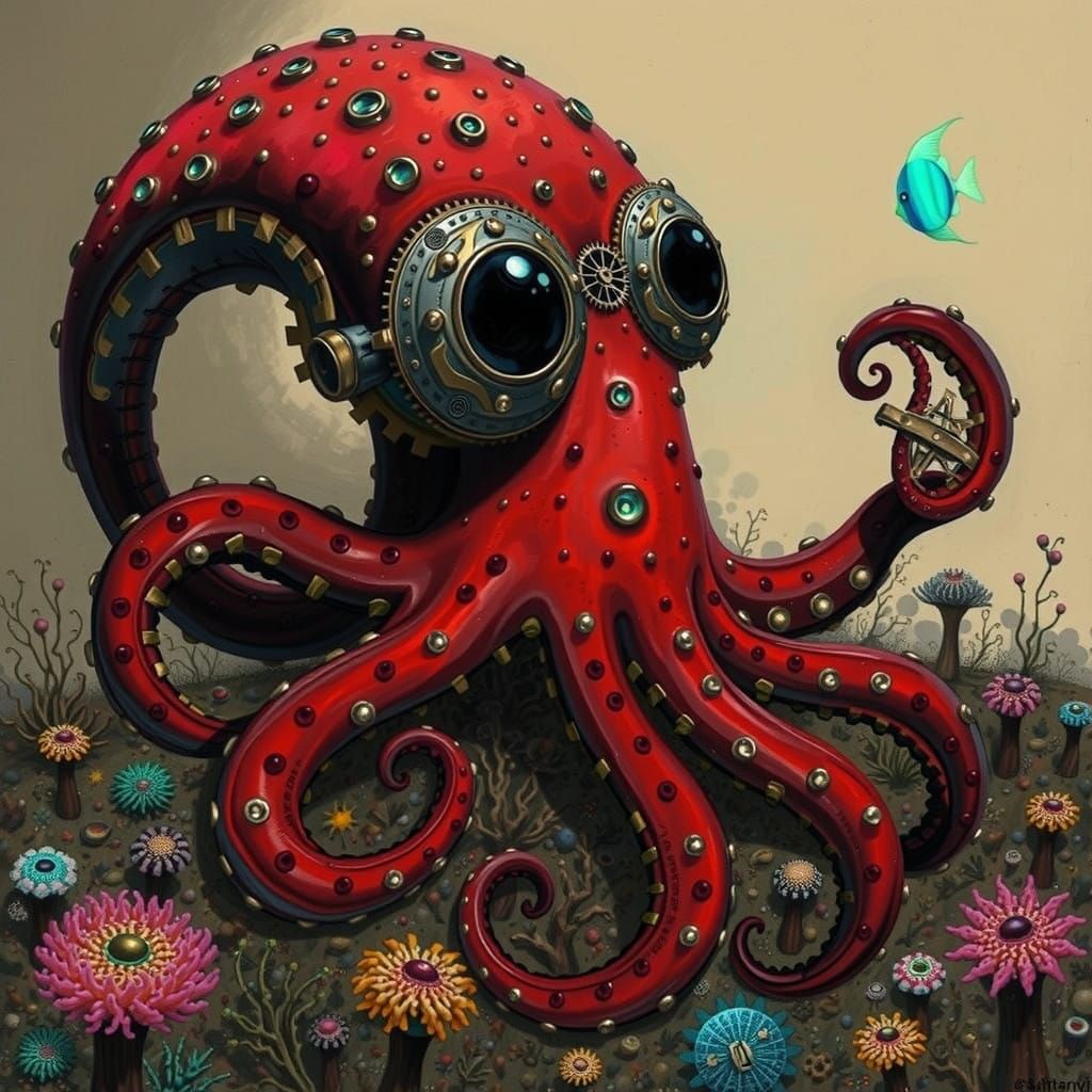Steampunk Red Octopus in Coral Reef, Whimsical Art