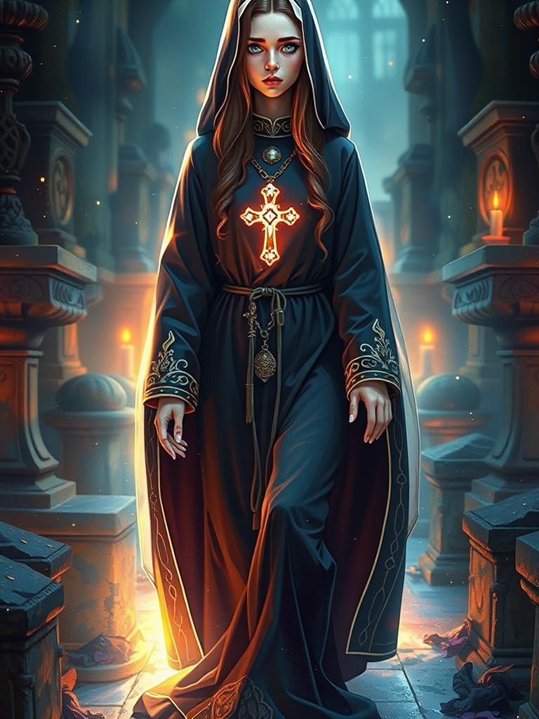 Young Nun in Cemetery, Animated Style Portrait