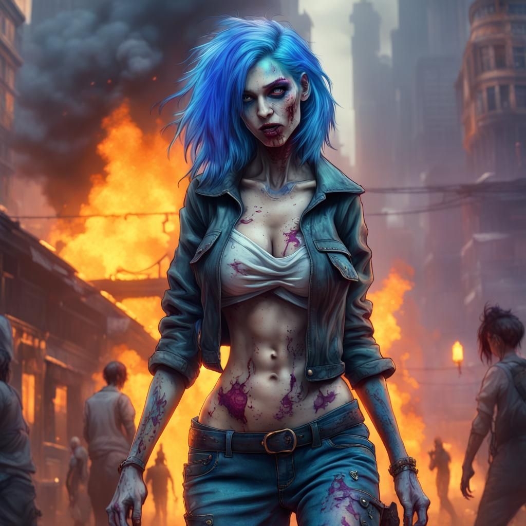 Blue-Haired Zombie Girl in Burning City: Dark Fantasy