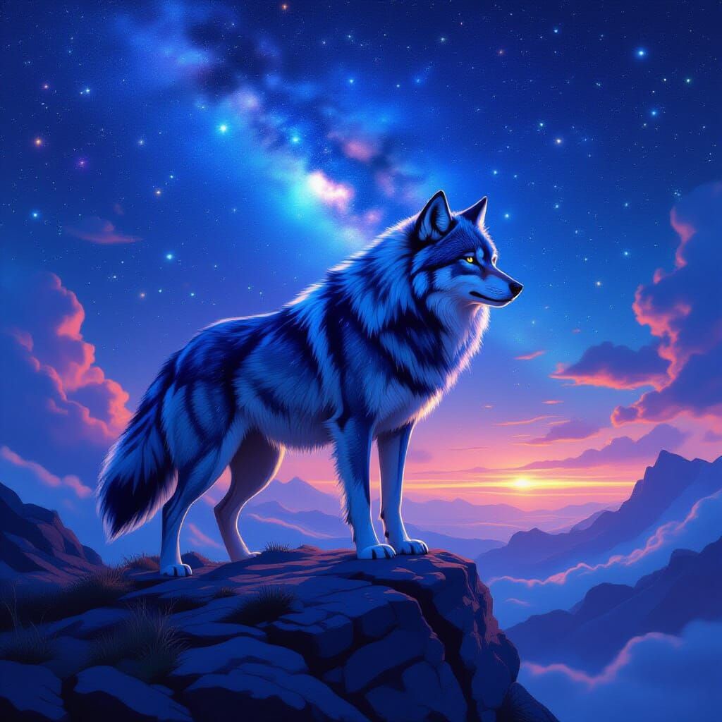 Cosmic Wolf Overlooking Nebula in Detailed Concept Art