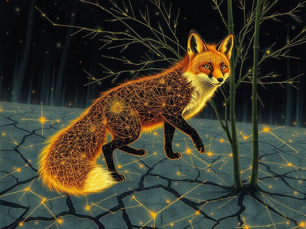 Surreal, Cyberpunk-Inspired Fox Amidst a Glowing, Cracked La...