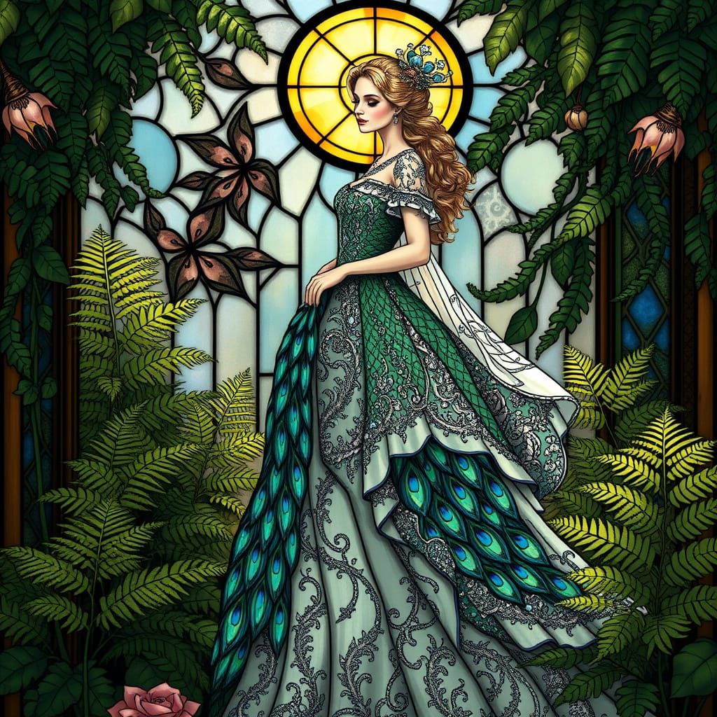Serene Princess in Stained Glass Style, Wearing Peacock Embr...