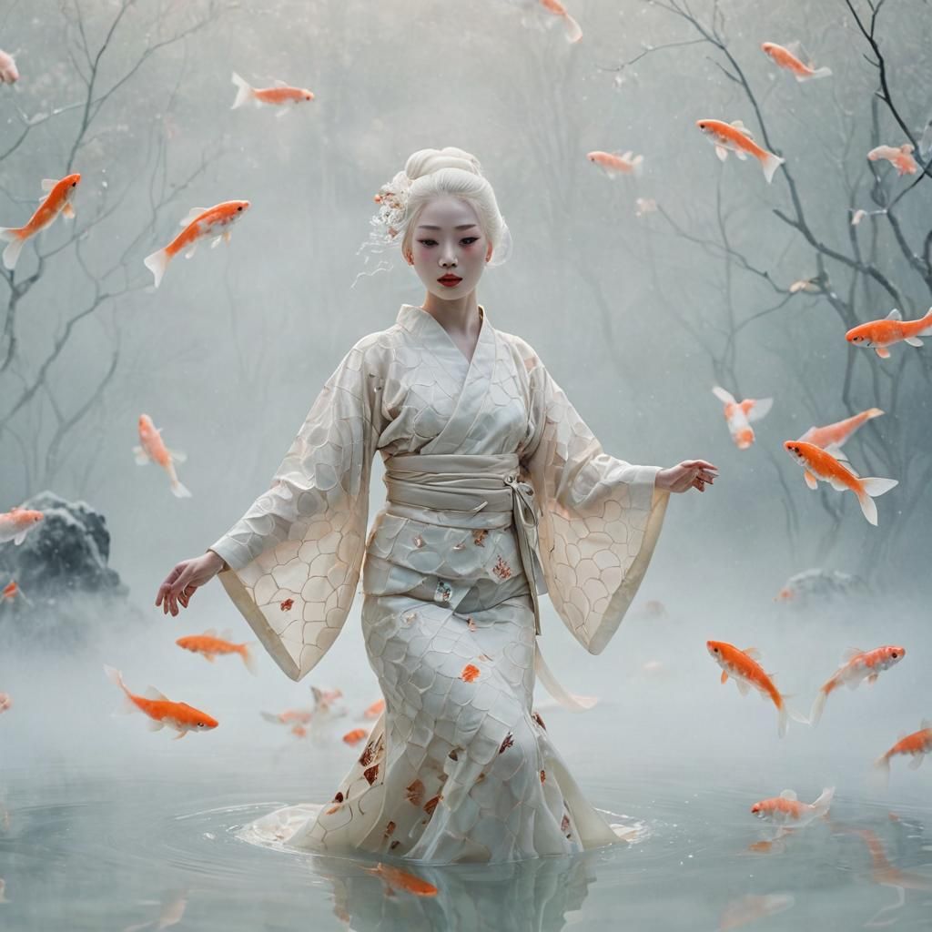 Surreal Geisha Dance with Translucent Koi