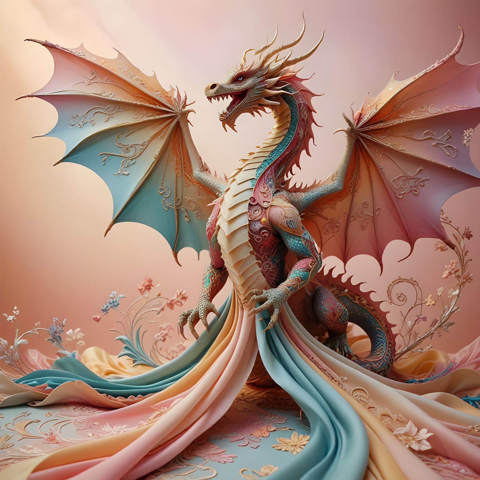 A fabric-made dragon with flowing silk wings.