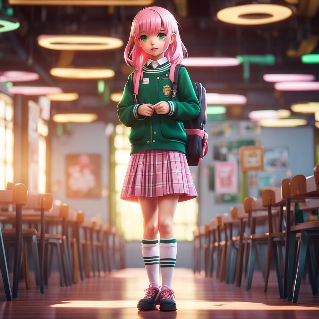 Anime Girl Portrait with Pink Hair in Emerald Interior