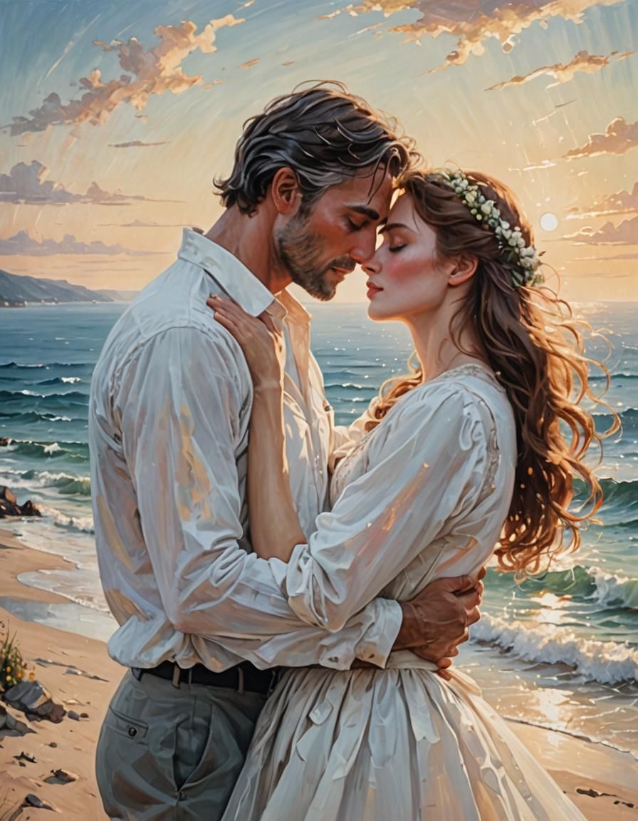 Romantic Embrace on the Shoreline at Sunset