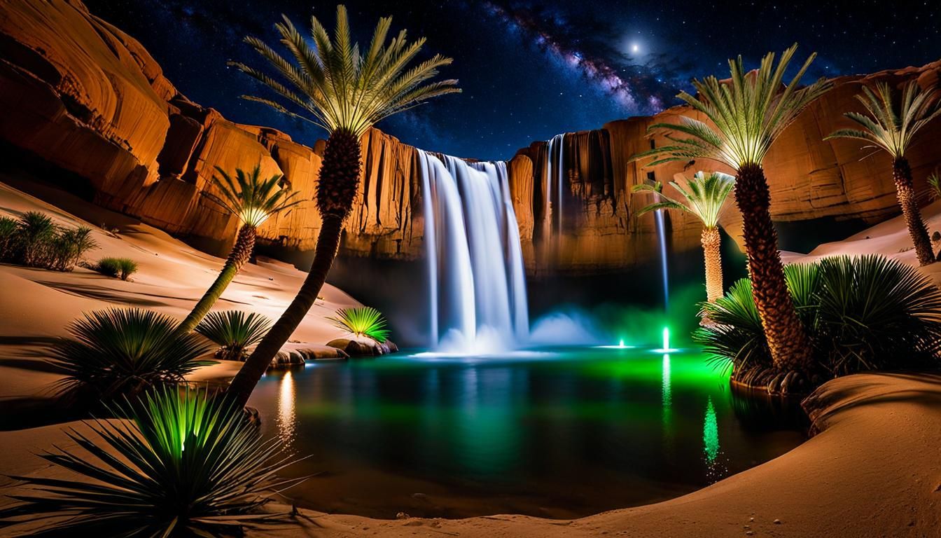 Desert Waterfall Oasis at Night in Hyperrealism