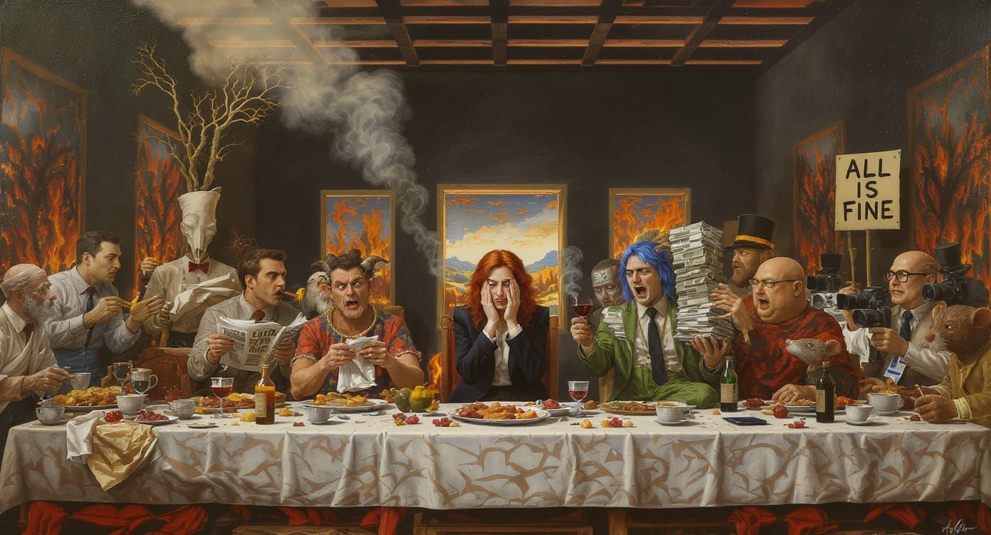 Modern Last Supper in a Burning World, Acrylic Painting