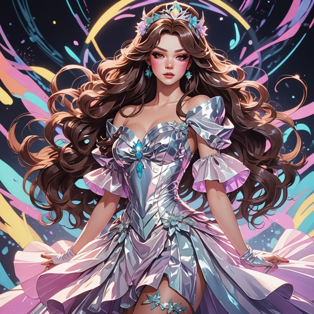 Neon Drag Queen in Pastel Fae Dress, Anime Style