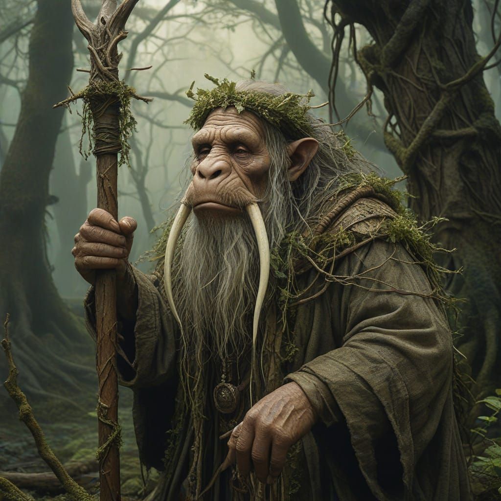 Ancient Druid Wields Earthy Quarterstaff with Walrus Tusk