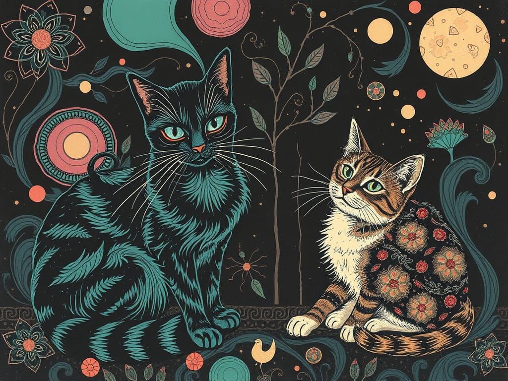 Emerald Dreamscapes in Abstract Woodcut Style