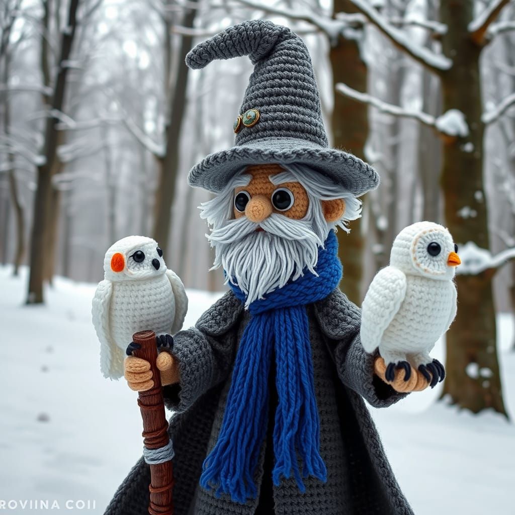 A intricately crocheted doll of a wizard, adorned with 3D hi...