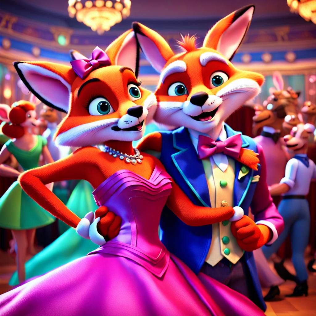 CGI cartoon, Tango-dancing fox and beautiful dress