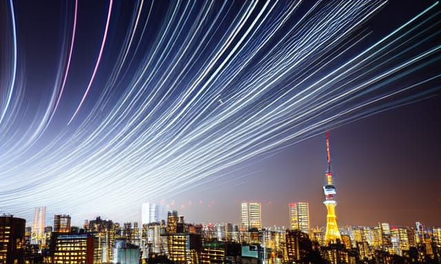 Tokyo Night Sky: Airplane and Star Trails