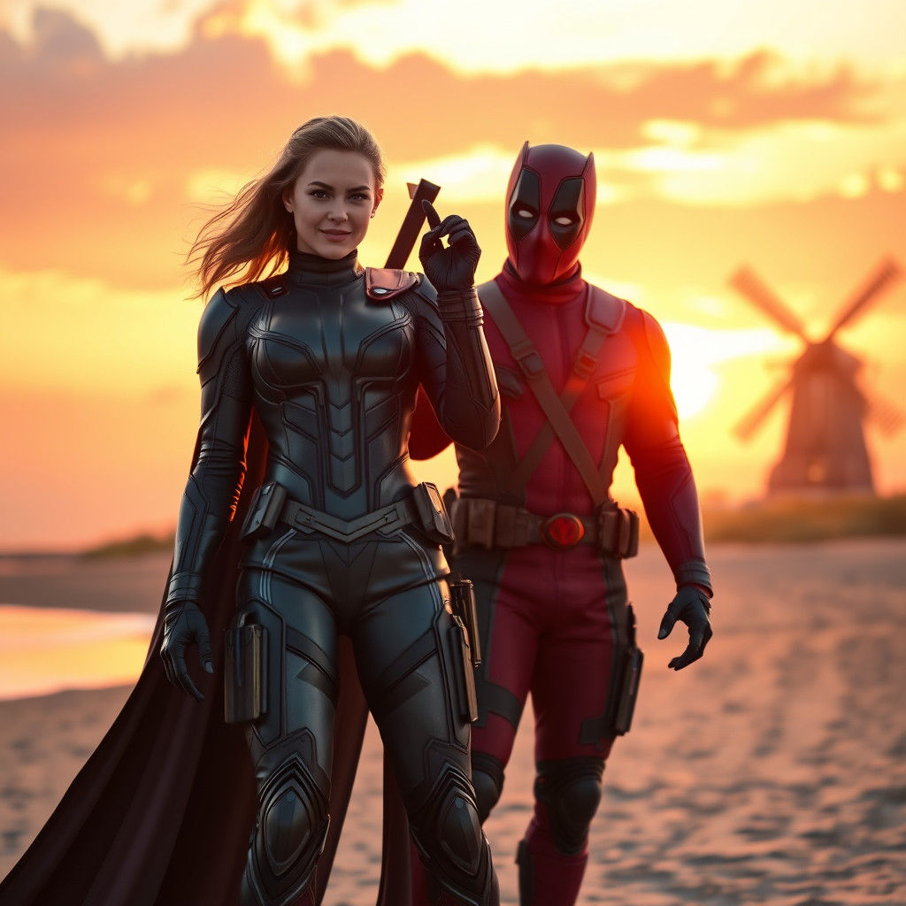 Superhero and Deadpool on Dutch Beach at Sunset