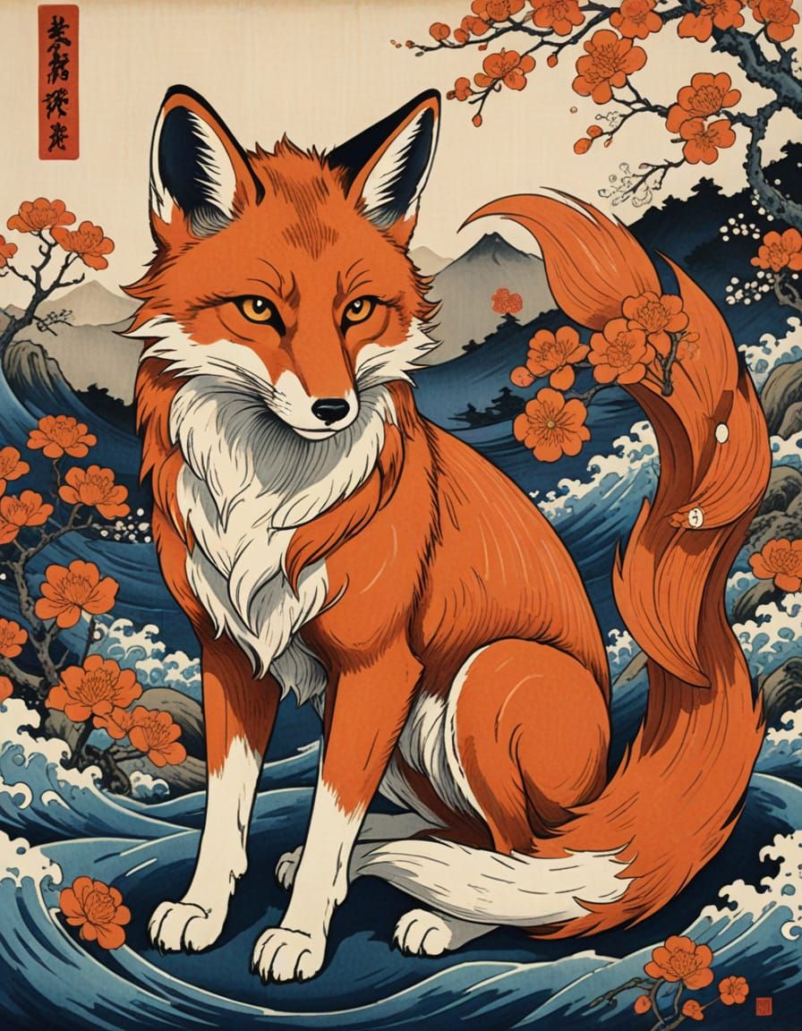 Kitsune in Ukiyo-e Style