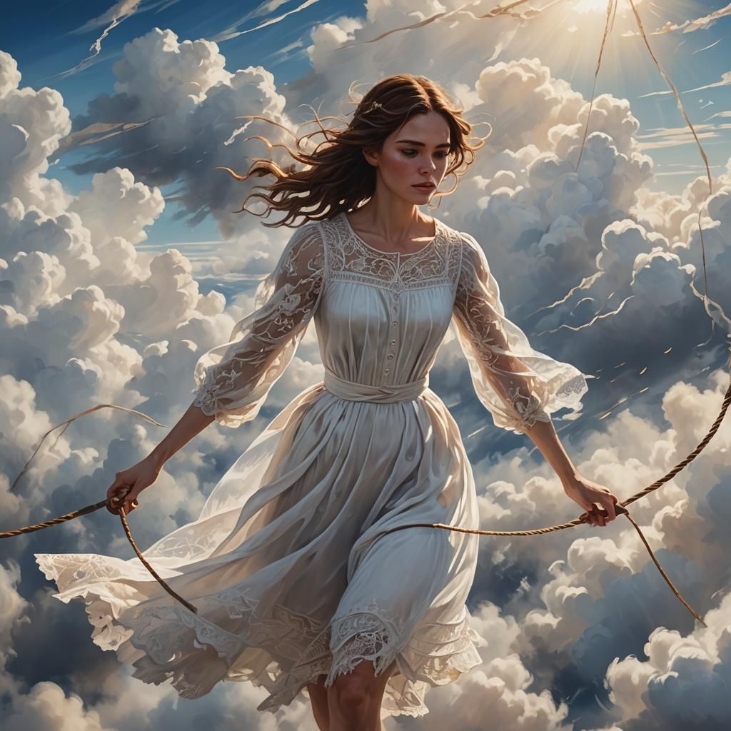 Girl on Tightrope Above Clouds in Fantasy Painting