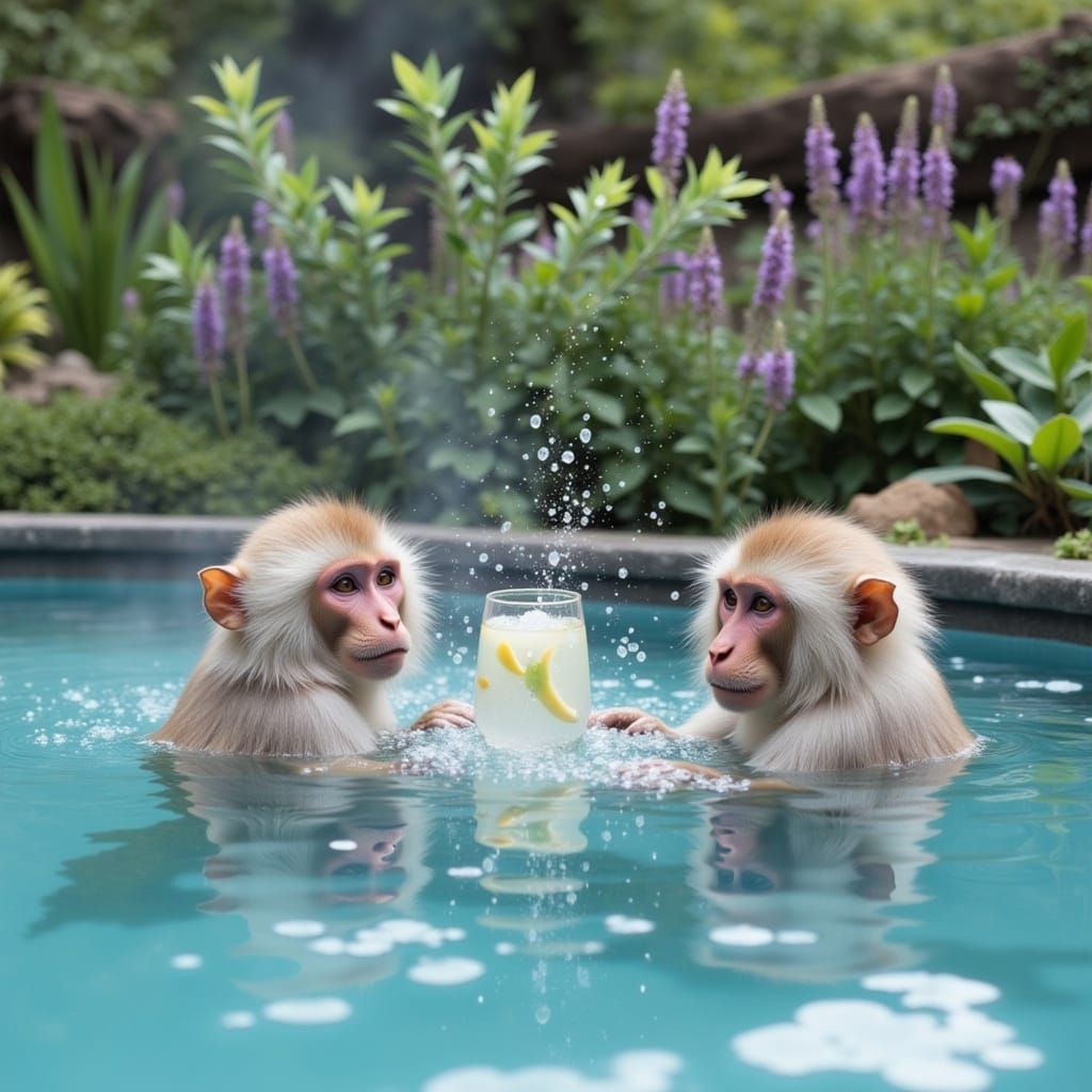 Japanese spa monkeys in a pool full of refreshing sparkling lavender lemonade. <lora:Japanese Spa Monkeys:0.5><lora:Glit...