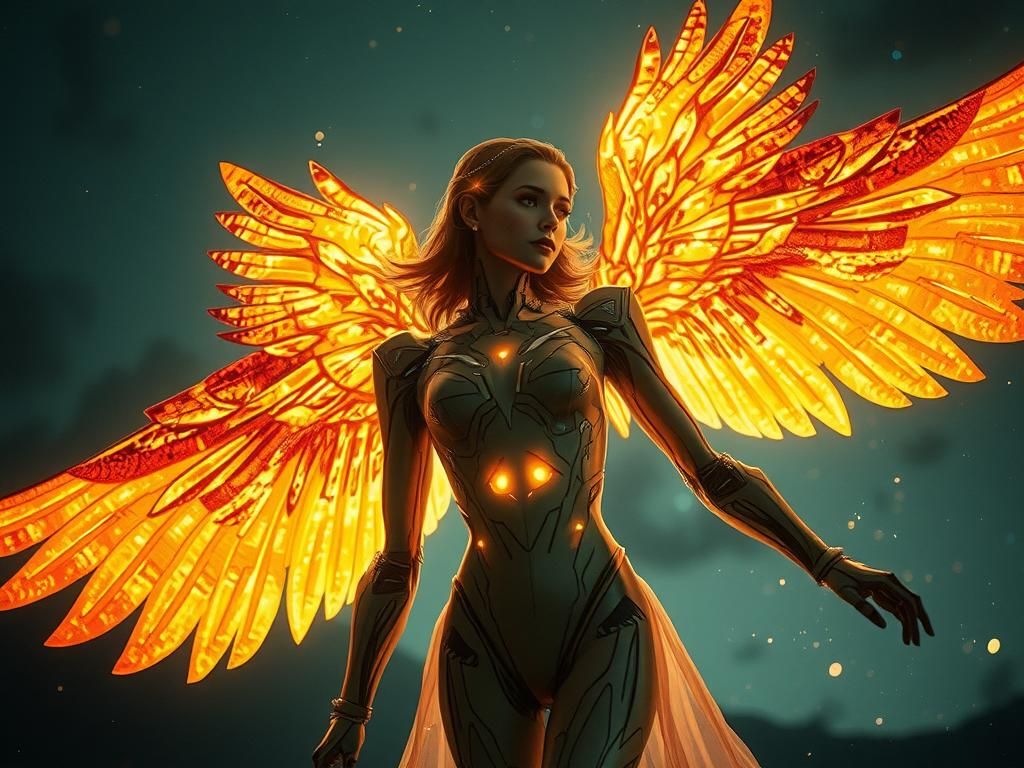 Golden-Winged Robotic Angel in Night Sky