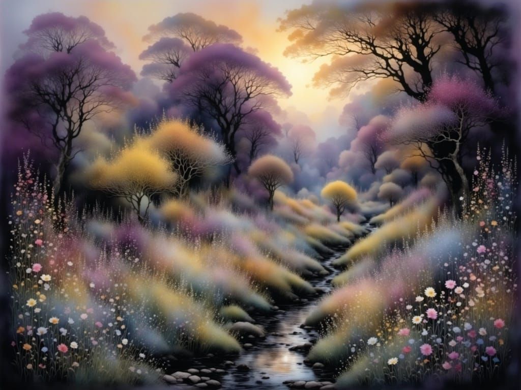 Enchanted Garden in Violet Light: Watercolor Landscape
