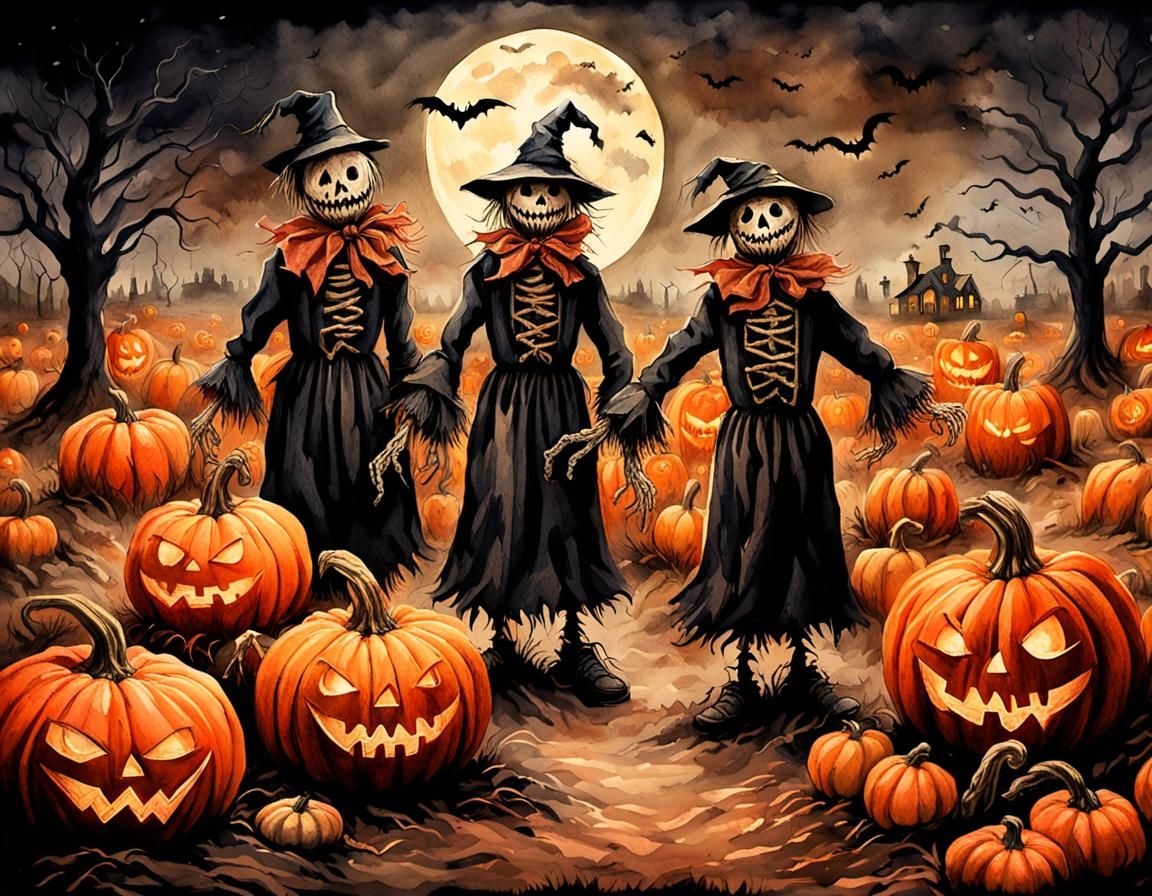 Haunted Scarecrows Guard Creepy Pumpkins: Vintage Horror