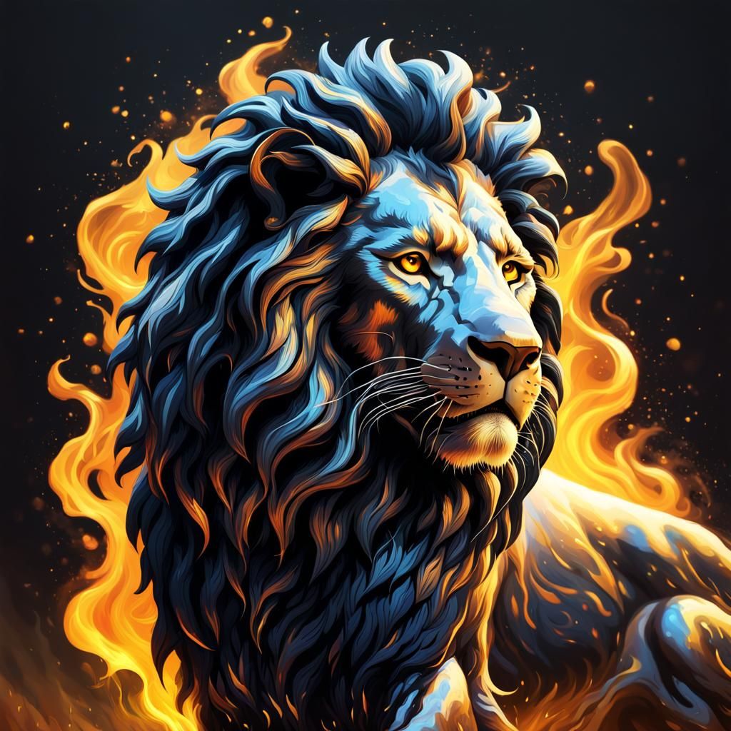 Golden Flames Enveloping a Black Lion