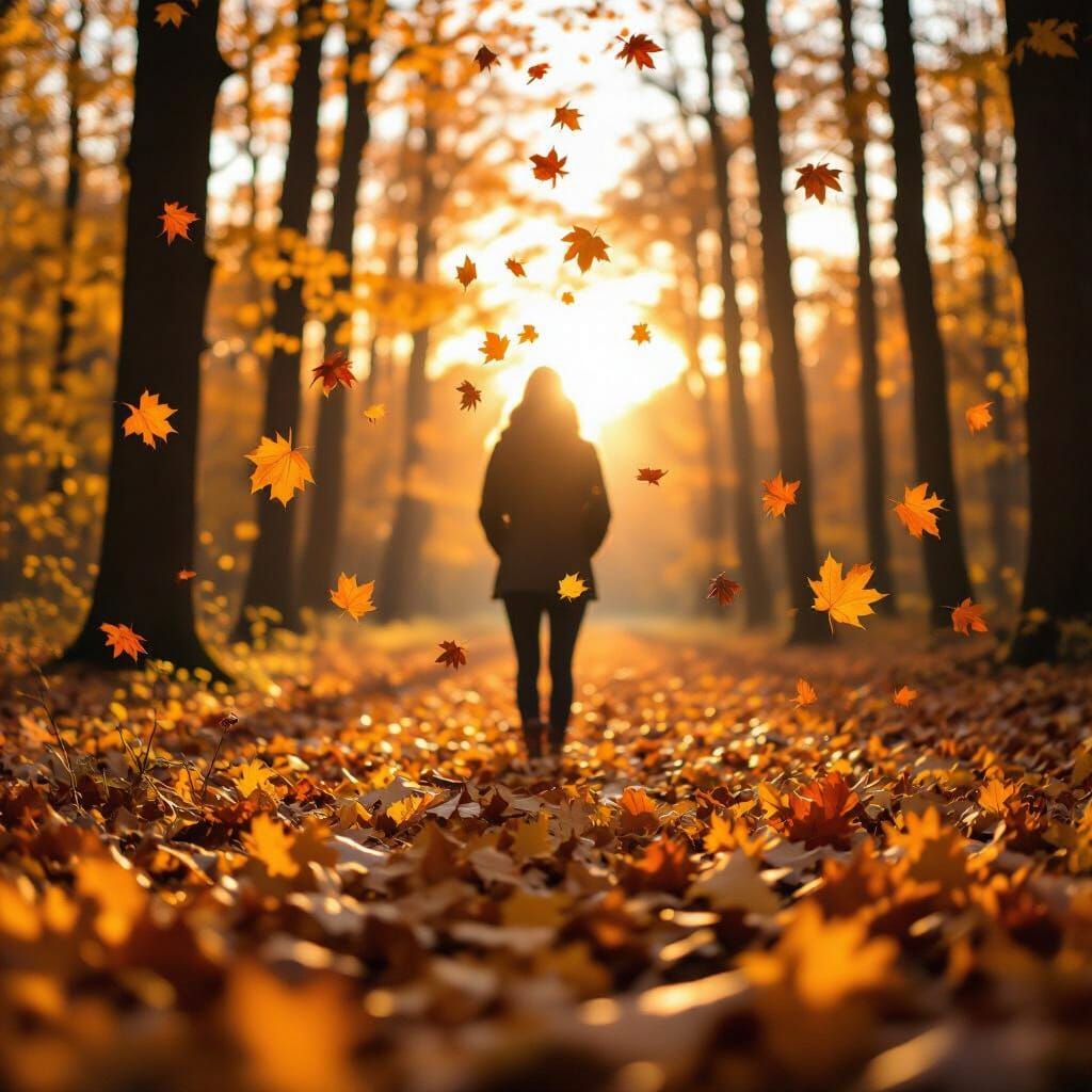 Person in Autumn Forest with Golden Hour Light