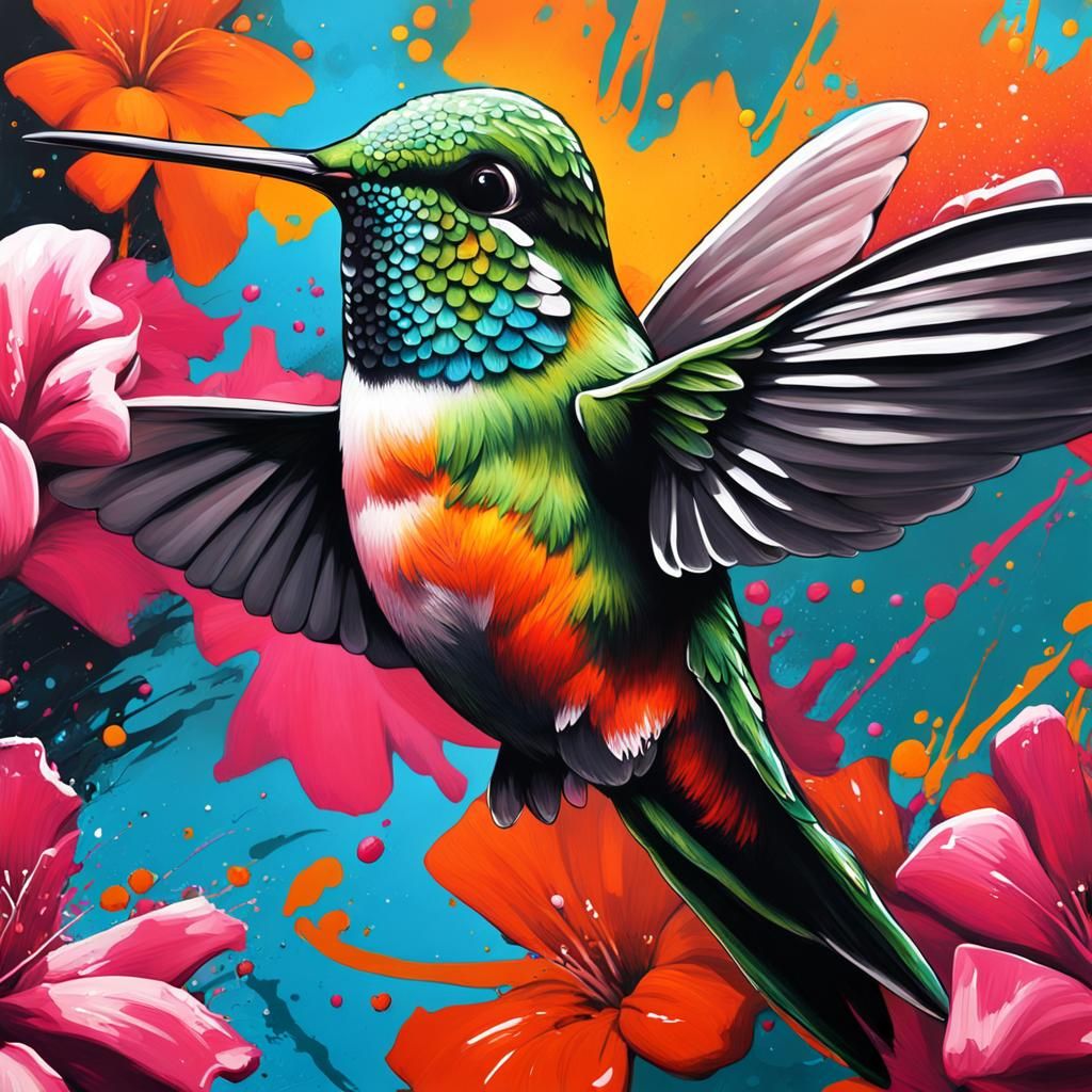 Hummingbird and Flower in Graffiti Splash Art