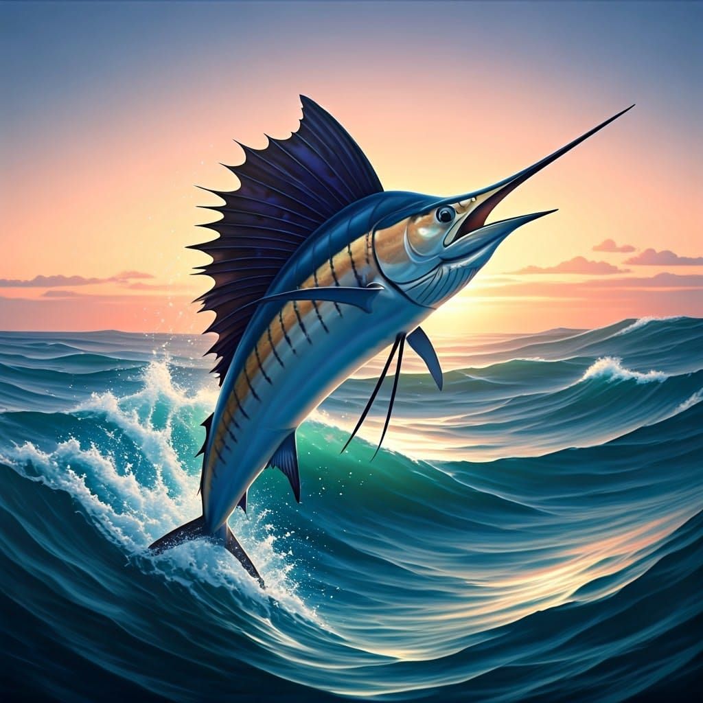 Sailfish Leaping at Sunrise: Hyperrealistic Digital Art
