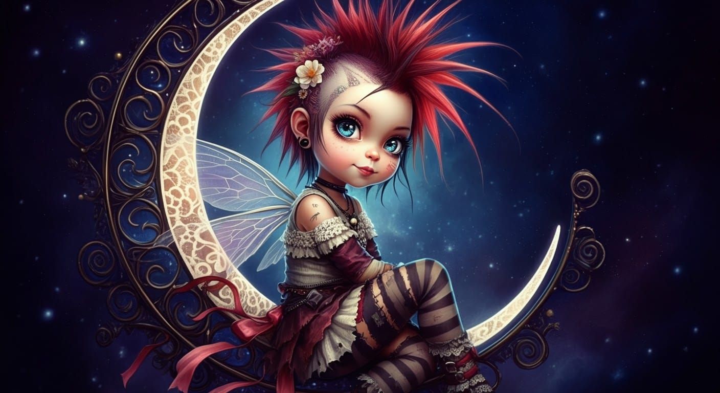 Whimsical Pixie on Crescent Moon in Digital Art