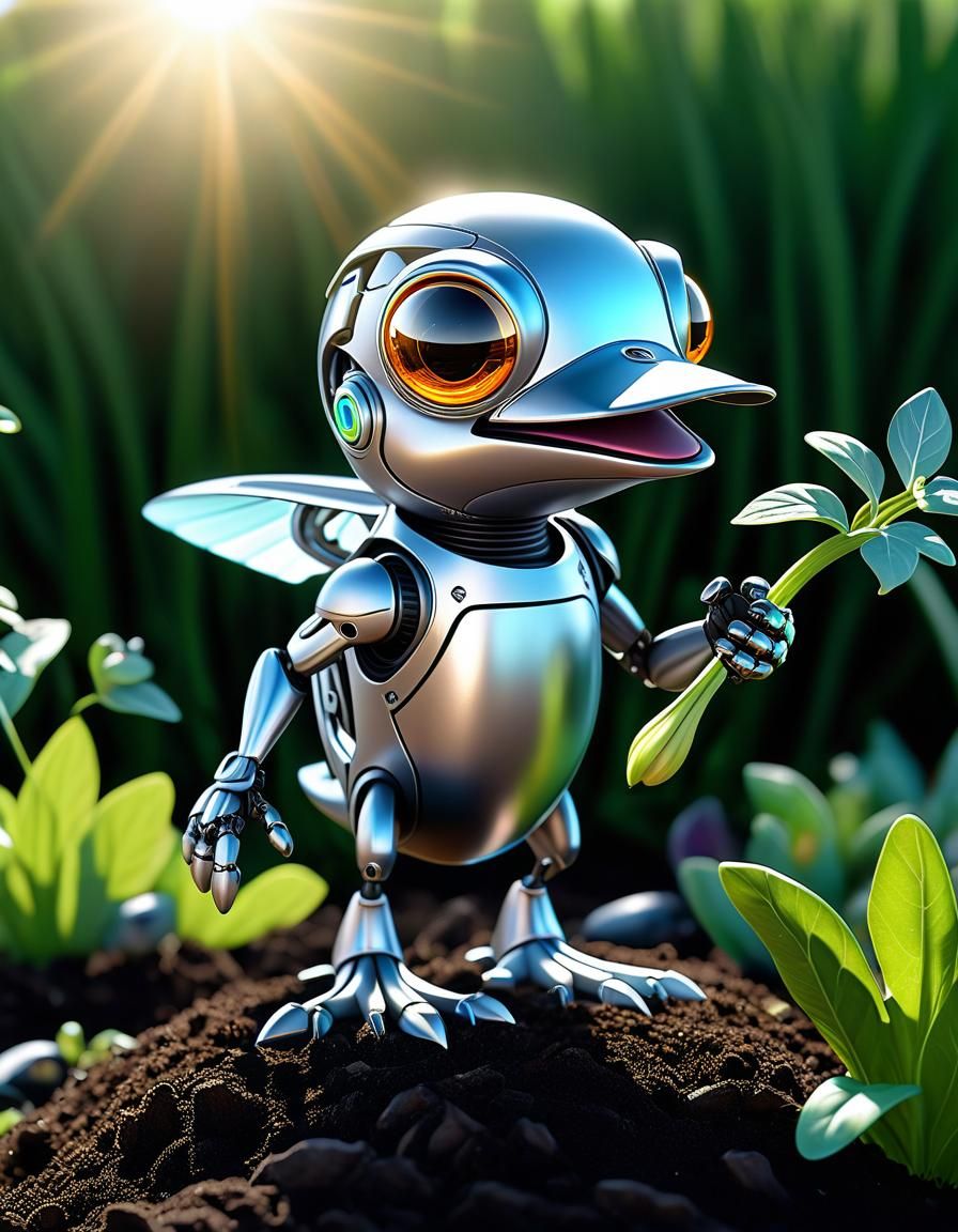 Cyborg Platypus Garden Bot in Sunny Garden